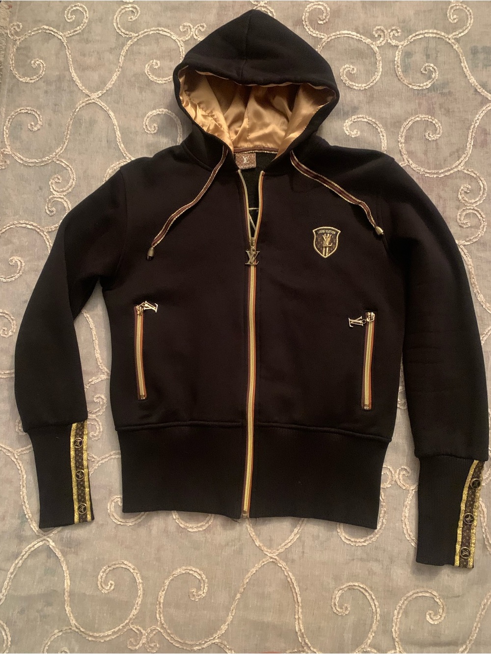 Louis Vuitton Black Hooded Zip Jacket with Gold Trim